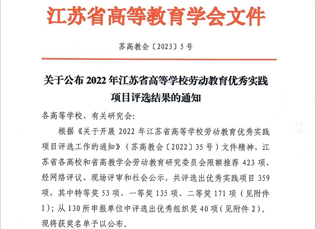 我院荣获2022年江苏省高等学校劳动教育